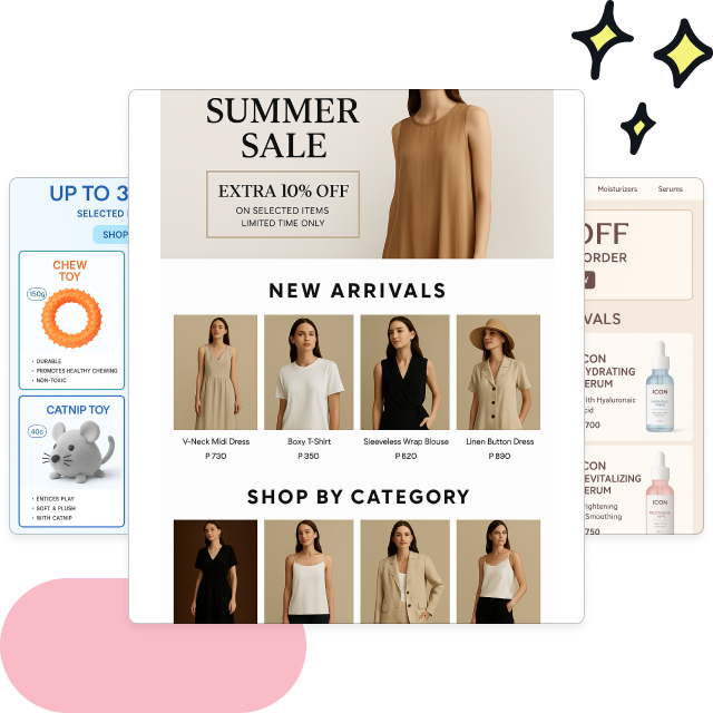 Eye-catching store designs for fashion, pet supplies, and skincare.